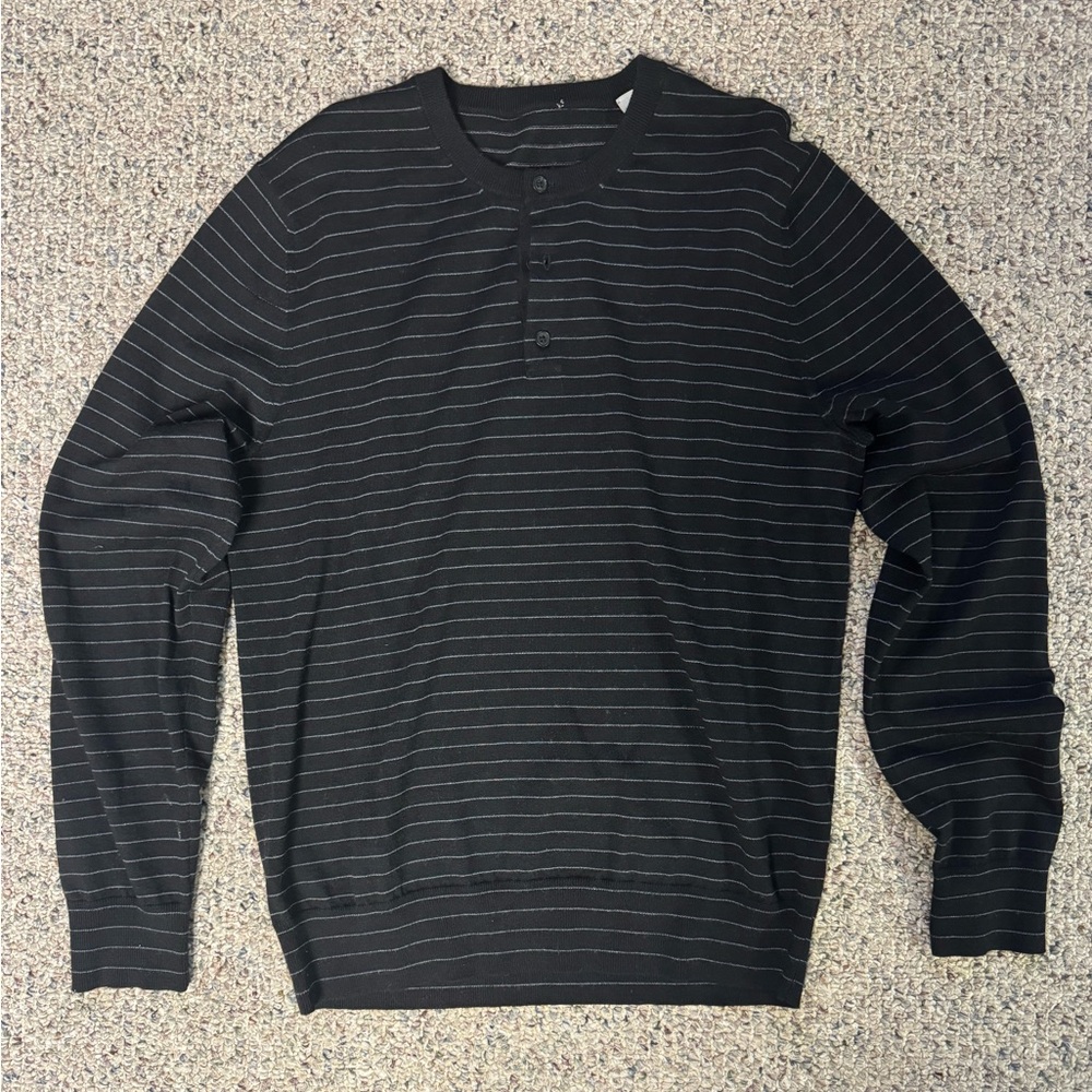Vince men’s Henley light sweater in black with grey stripes and elbow patches. M
